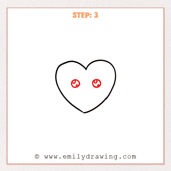 how to draw a cartoon heart - Step 3 of a cartoon heart drawing adds two round eyes inside the heart, each with small highlights and dots for a cute expression.